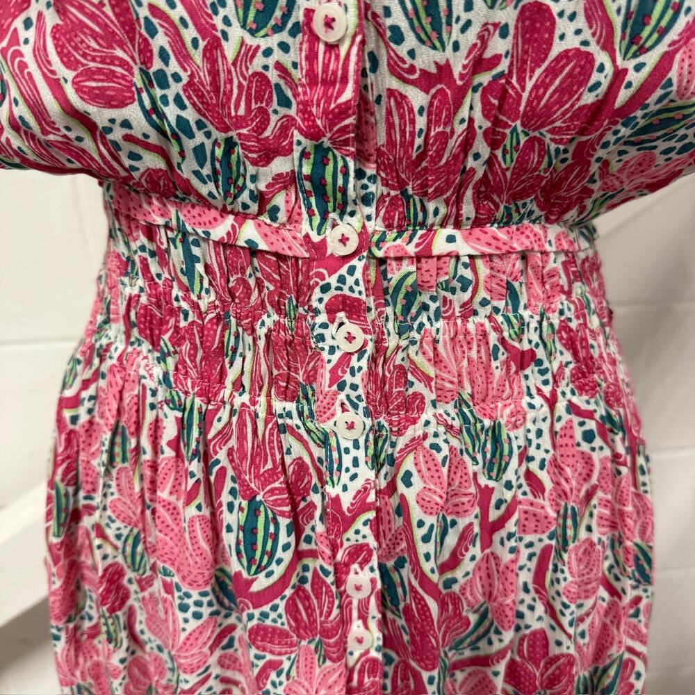 Poupette St Barth Becky Pink Kaktus Print Button Front Short Sleeve Maxi Dress - Picture 5 of 14